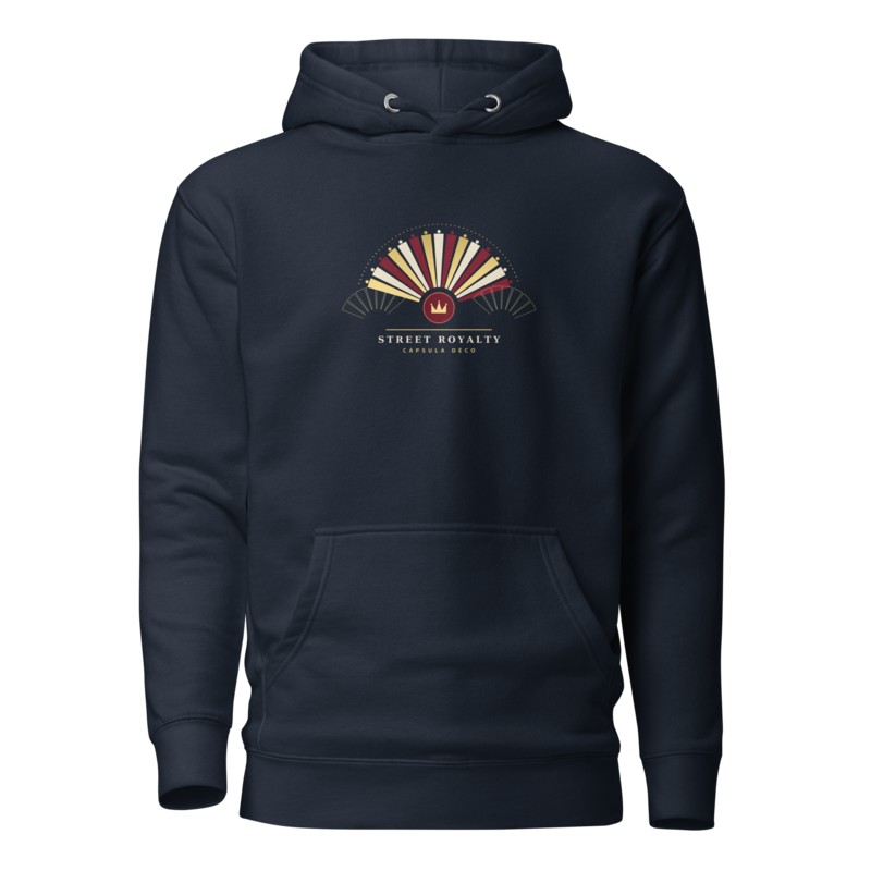 Hoodie Abanico Déco navy con abanico de láminas oro, crema y burdeos