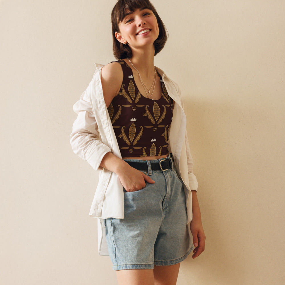 Crop Top Integral Barroco Vino, damasco en oro sobre burdeos, sobre modelo