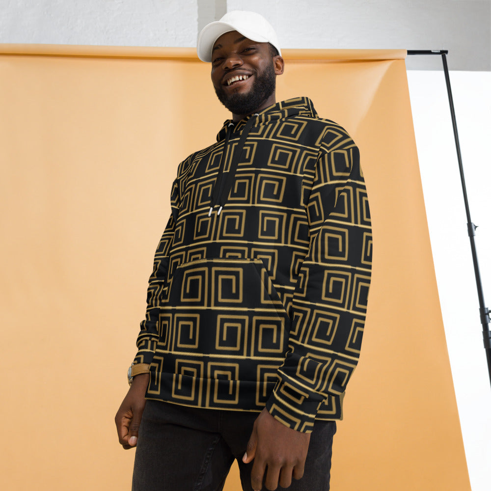 Hoodie de estampado integral Meandro, greca griega en oro, sobre modelo