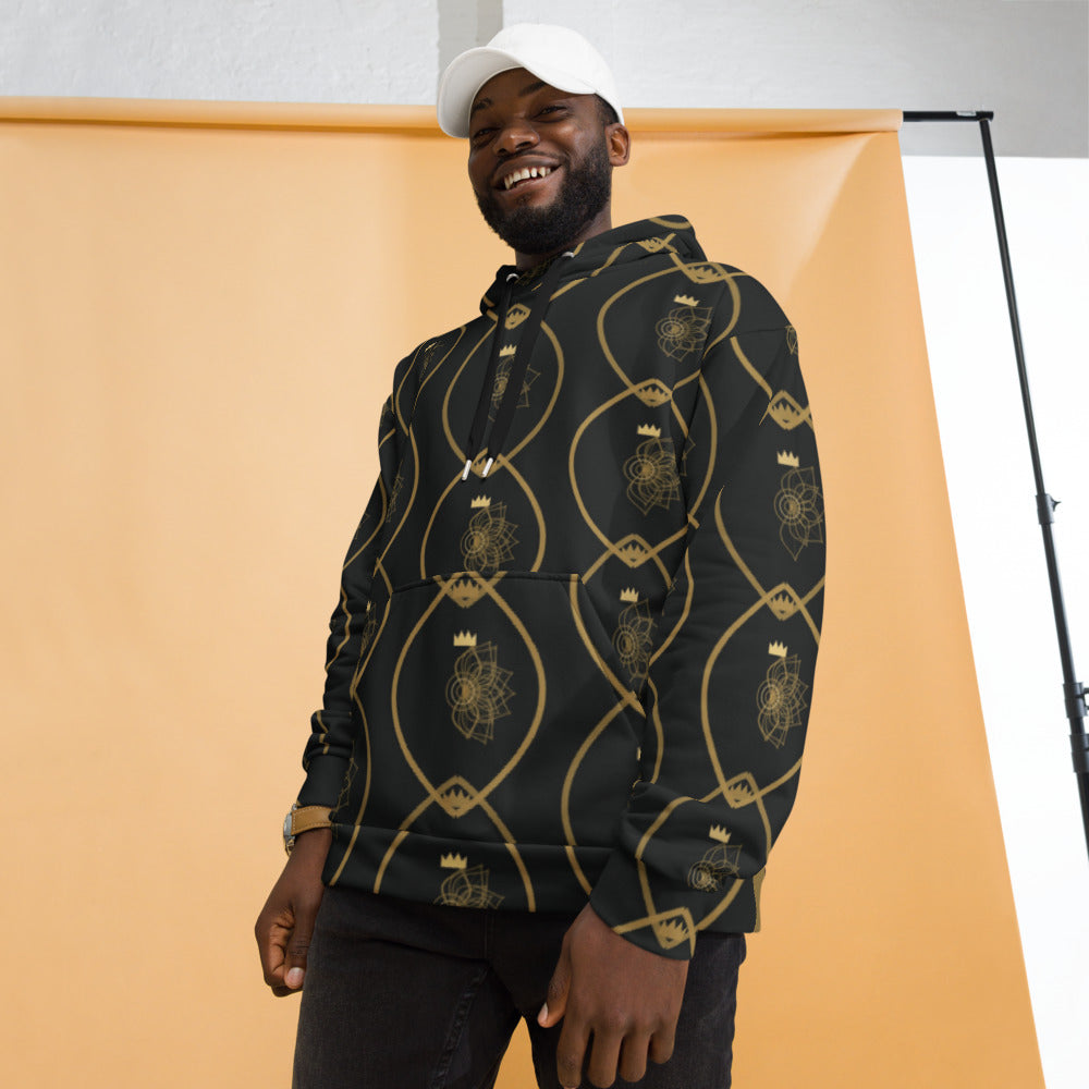 Hoodie de estampado integral Brocado, oro sobre negro, sobre modelo