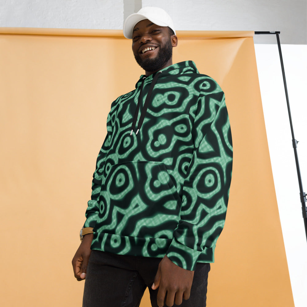 Hoodie de estampado integral Malaquita, verde mineral, sobre modelo