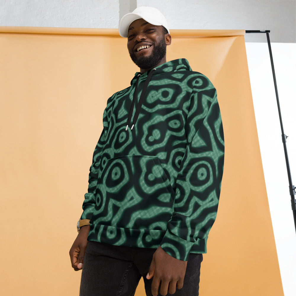 Hoodie de estampado integral Malaquita, verde mineral, sobre modelo