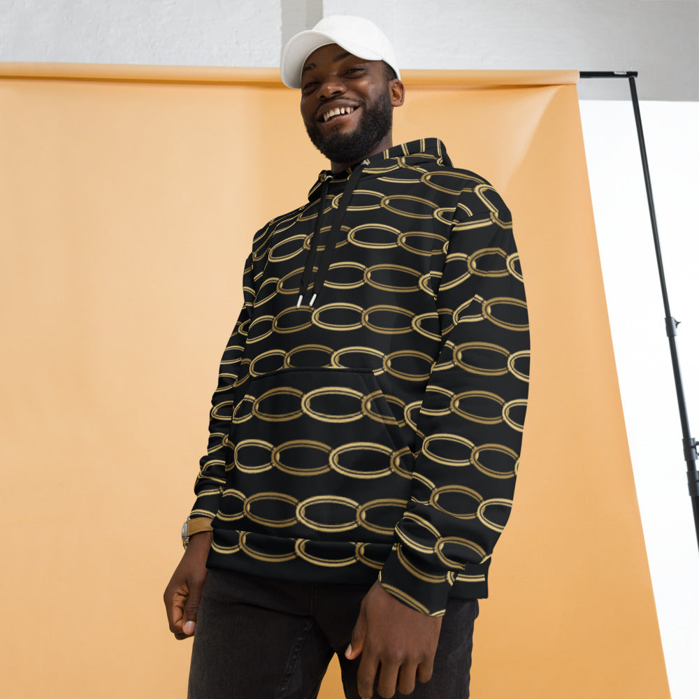 Hoodie Integral Eslabón — Cadena Real, estampado integral sobre modelo