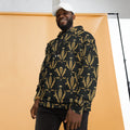 Hoodie Integral Barroco — Cartela Real, damasco en oro sobre negro, sobre modelo