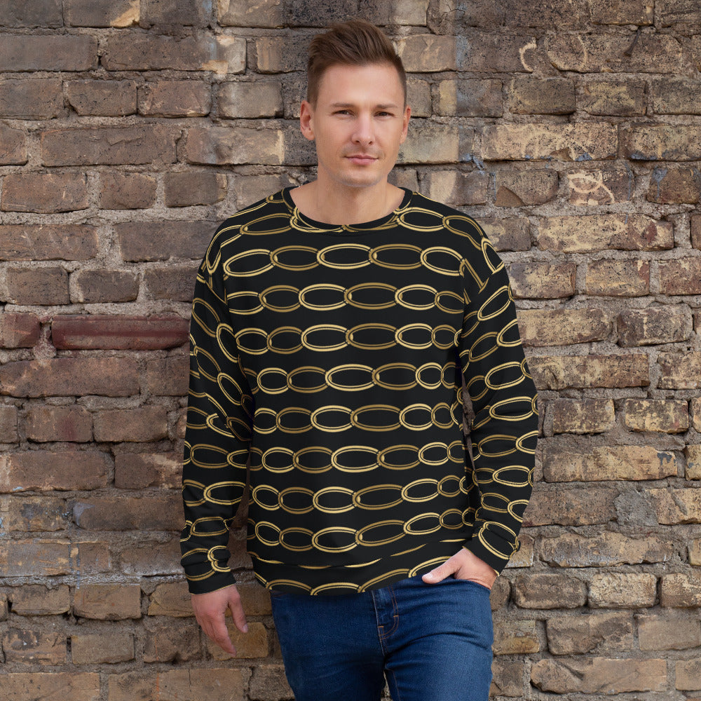 Sudadera Integral Eslabón — Cadena Real, estampado integral sobre modelo