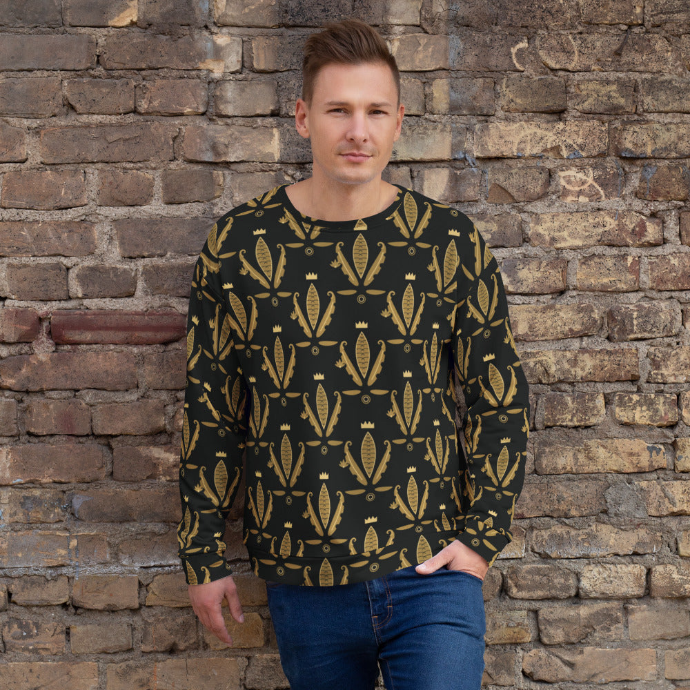 Sudadera Integral Barroco — Cartela Real, damasco en oro sobre negro, sobre modelo
