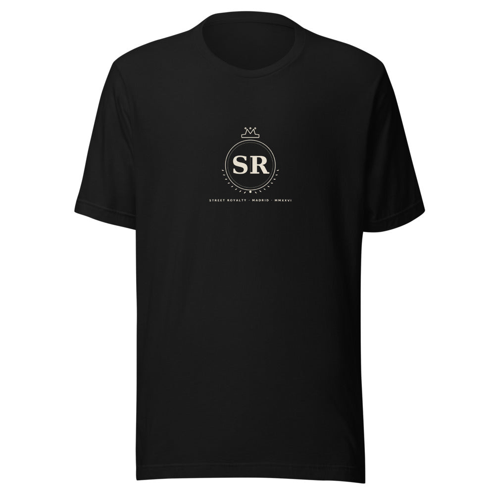 Camiseta negra Street Royalty Hood con emblema Cifra Real: monograma SR coronado y laurel