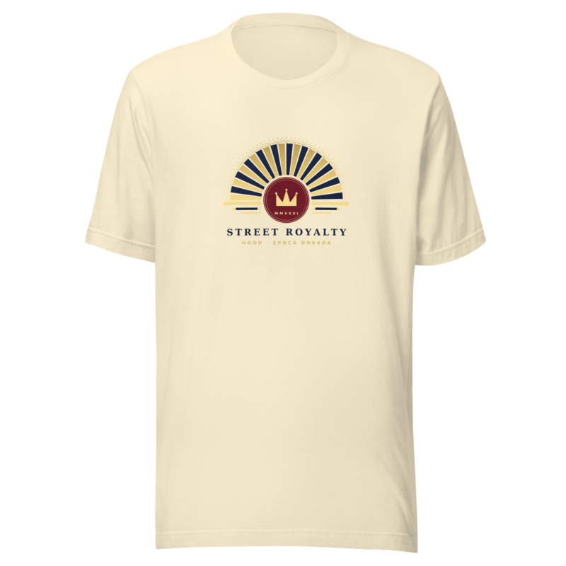 Camiseta Rayos Déco en color natural con sol naciente Art Déco navy y oro
