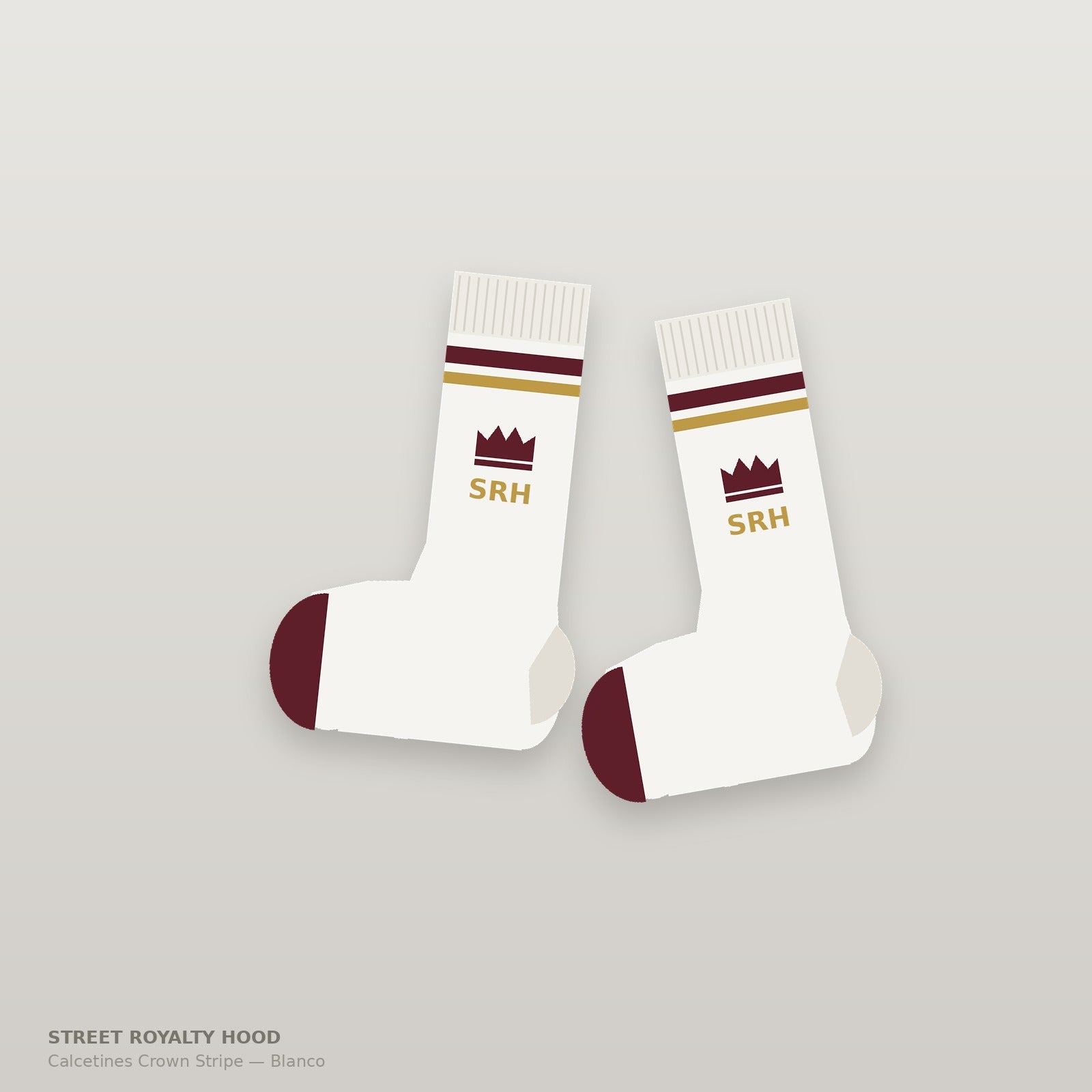 Calcetines crew blancos con rayas burdeos y oro, corona y monograma SRH