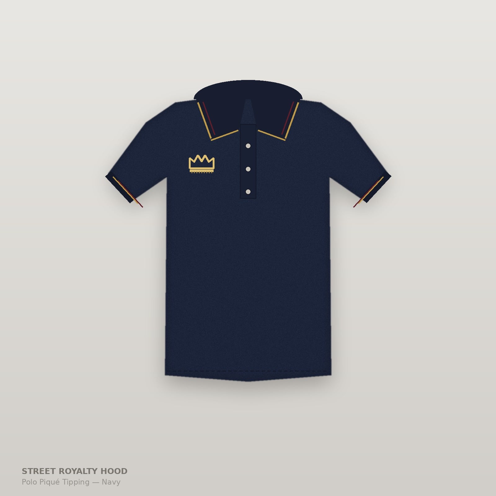 Polo piqué navy con cuello tipping oro y burdeos y corona bordada — Cápsula Heritage SRHOOD