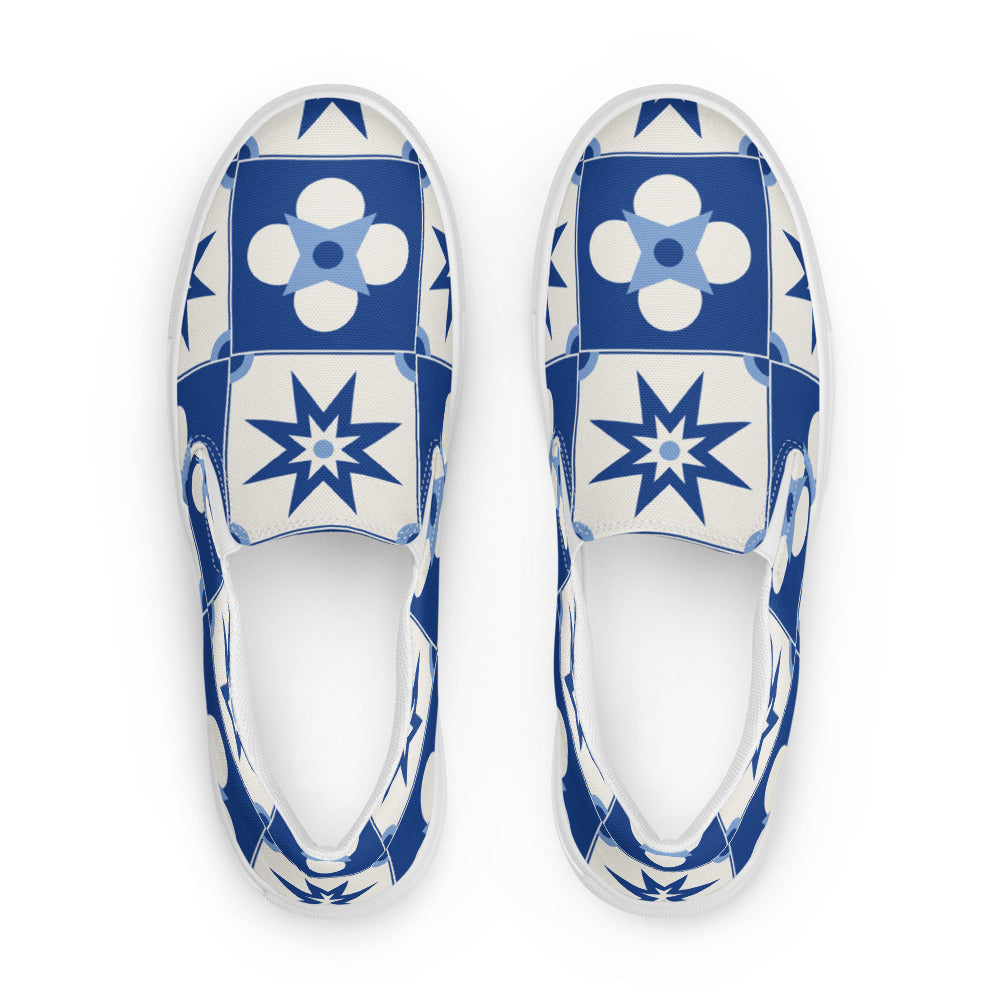 Zapatillas slip-on Mosaico de SRHOOD con patrón de azulejo cobalto, vista superior