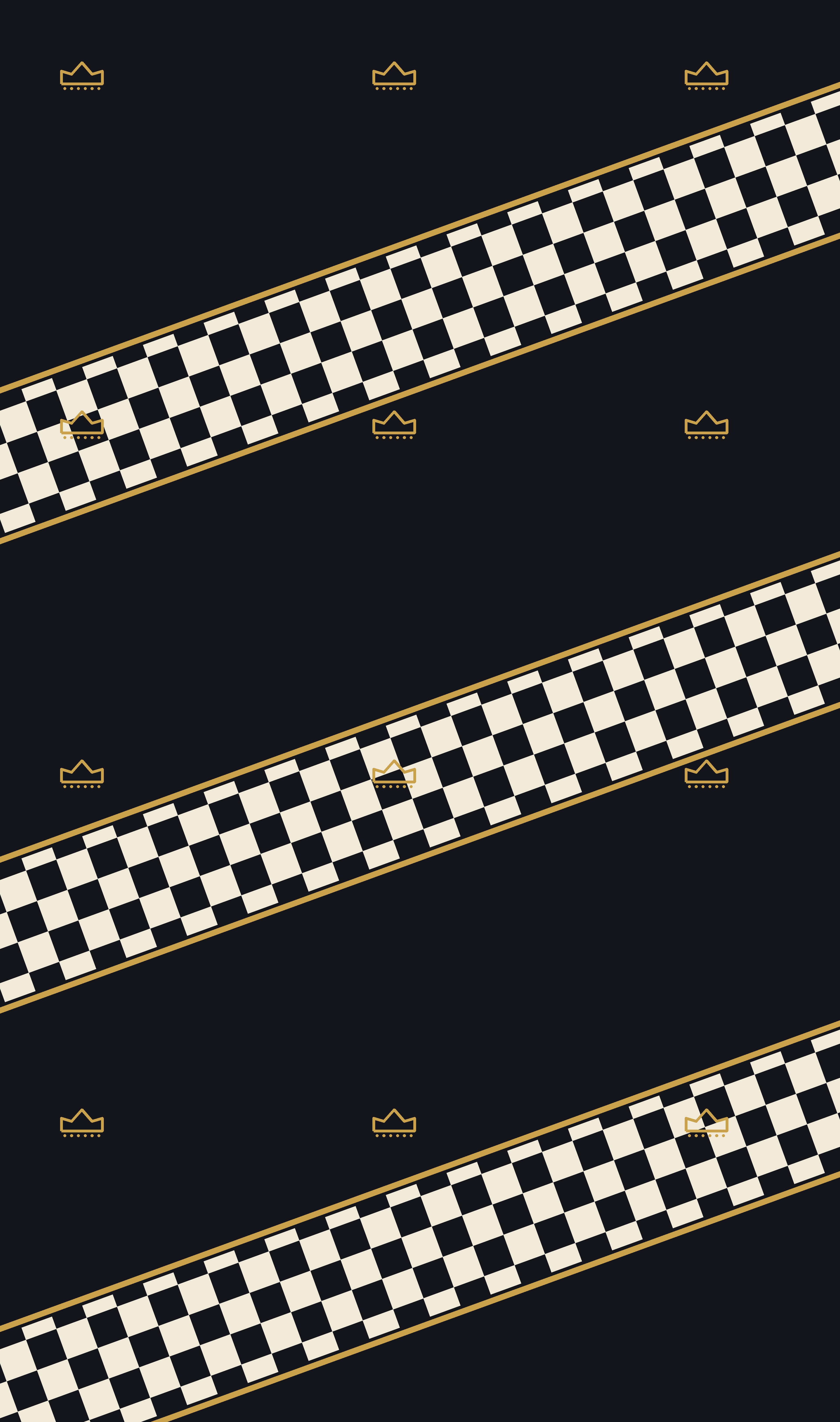 Patrón Circuito GP: bandas de bandera a cuadros y coronas oro sobre negro