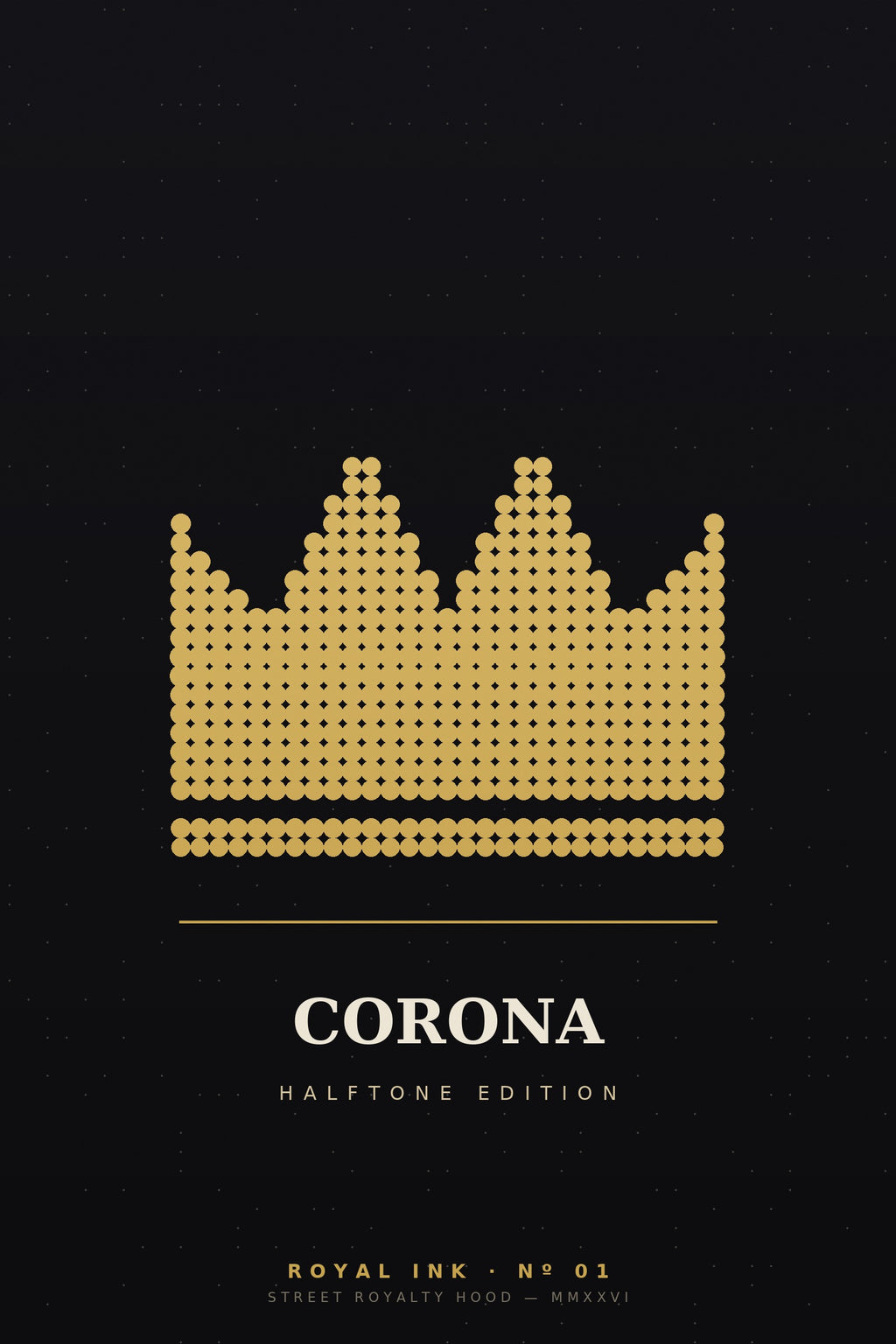 Lámina Royal Ink Nº01 Corona Halftone — corona dorada en trama de puntos sobre fondo negro