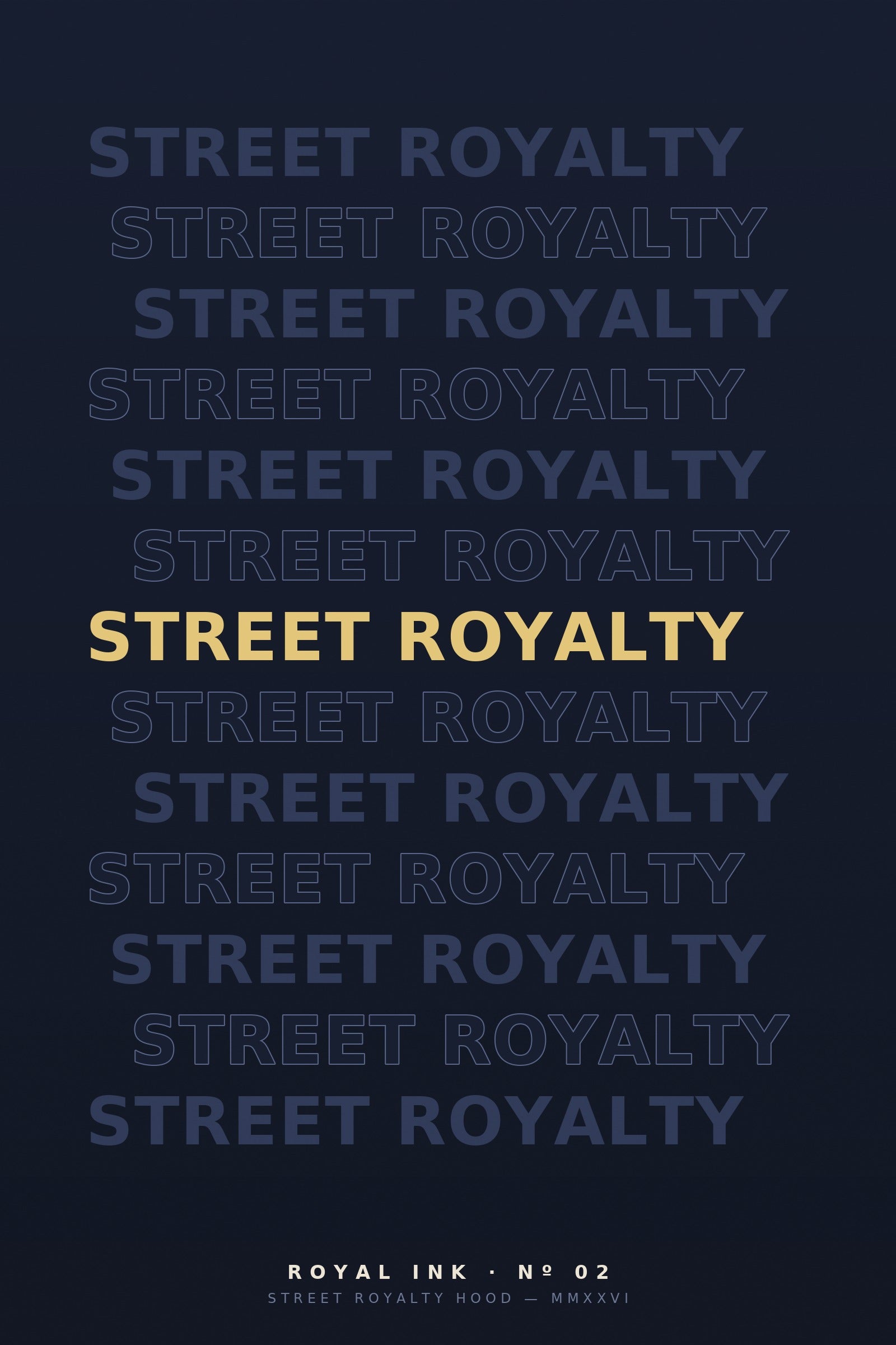 Lámina Royal Ink Nº02 Wordmark — tipografía Street Royalty repetida sobre azul marino con línea dorada