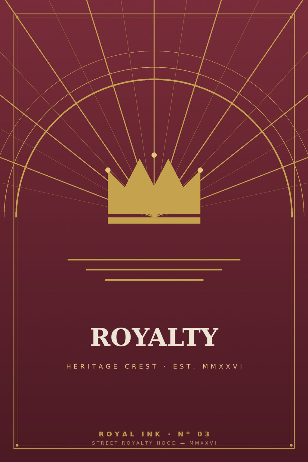 Lámina Royal Ink Nº03 Heritage Crest — corona art déco dorada con rayos sobre burdeos