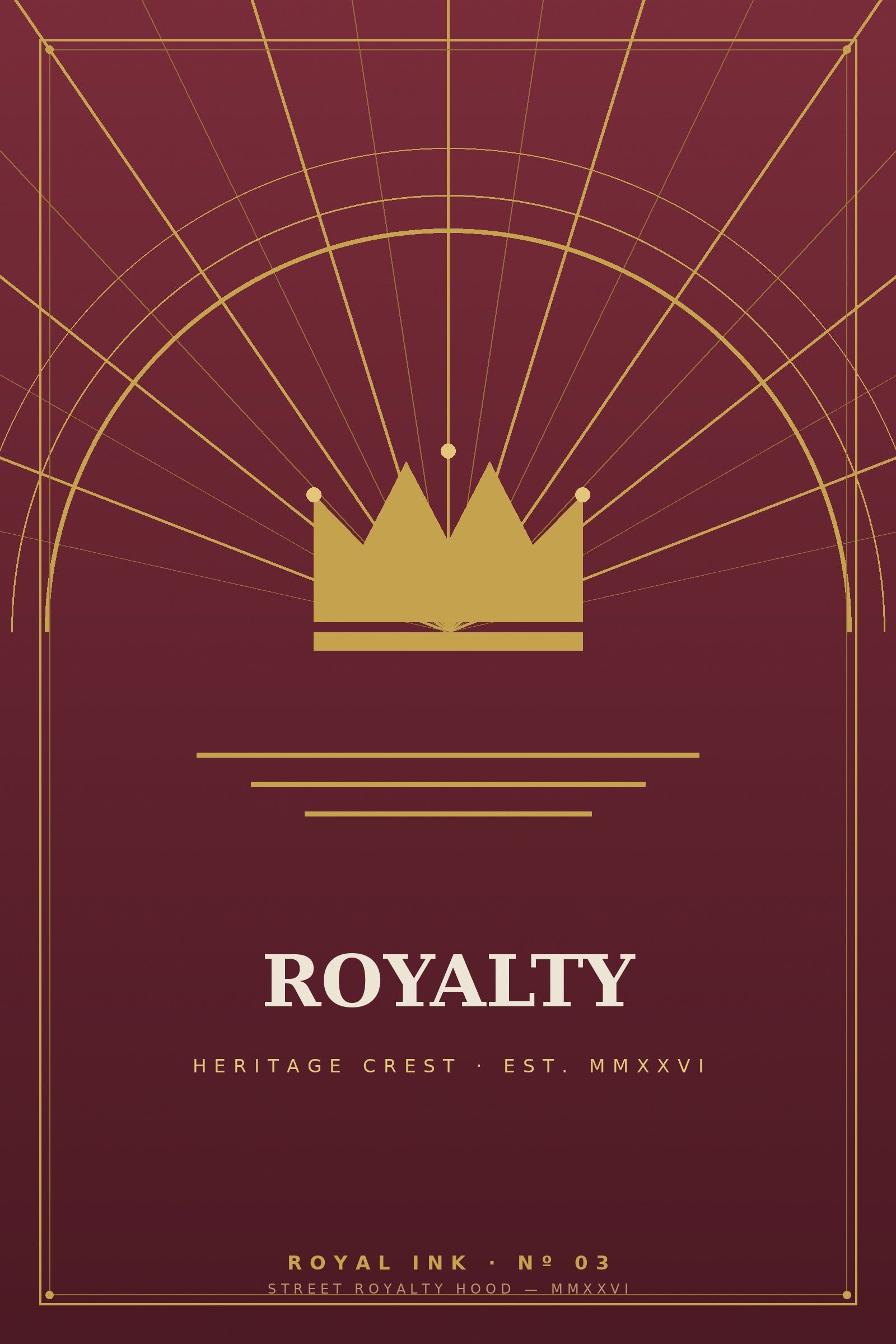 Lámina Royal Ink Nº03 Heritage Crest — corona art déco dorada con rayos sobre burdeos