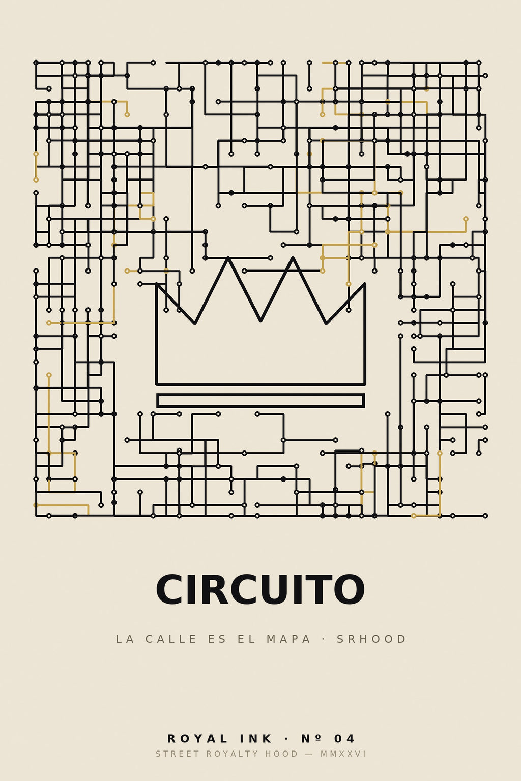 Lámina Royal Ink Nº04 Circuito — mapa urbano generativo con corona en negativo sobre crema