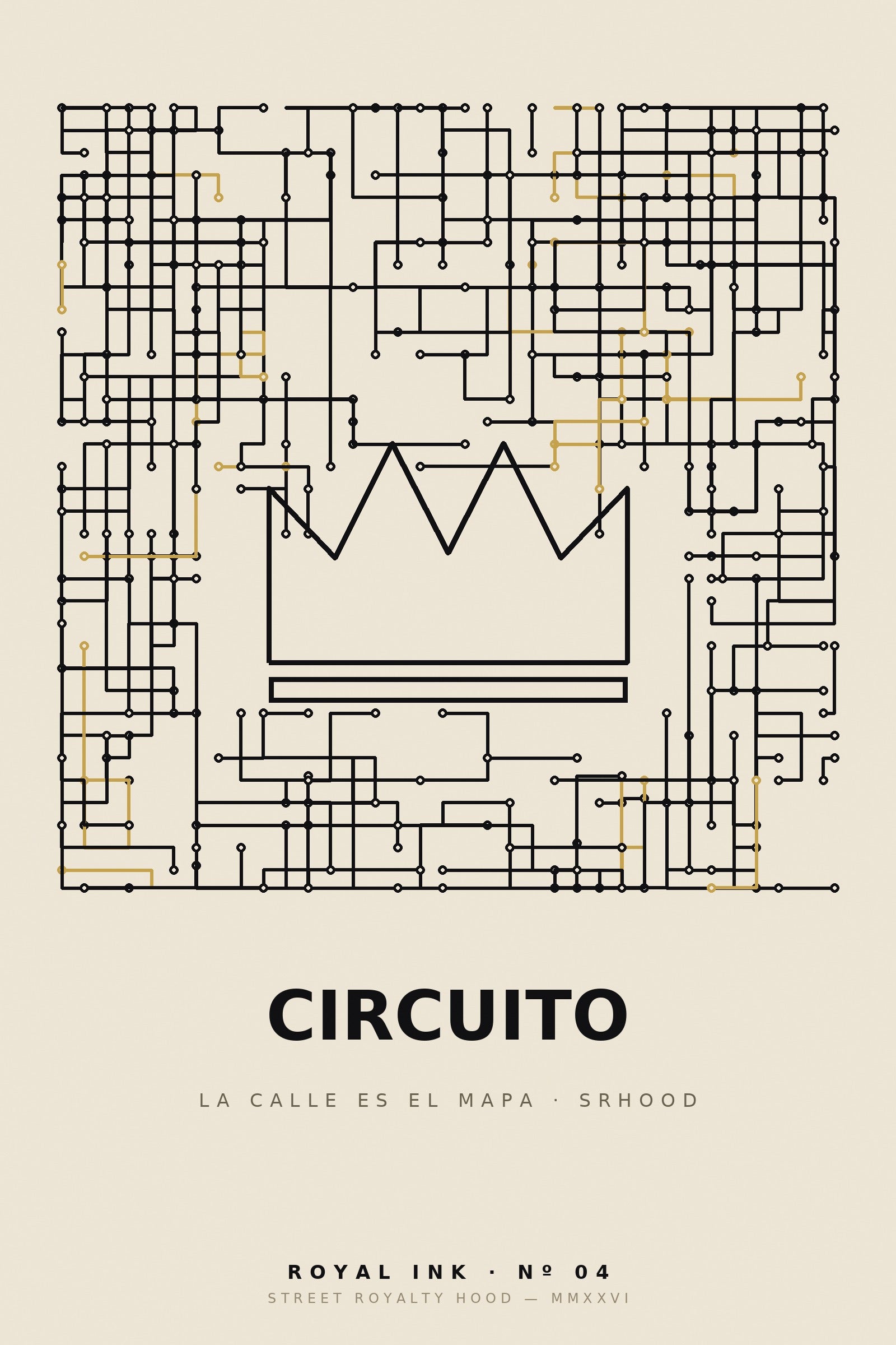 Lámina Royal Ink Nº04 Circuito — mapa urbano generativo con corona en negativo sobre crema