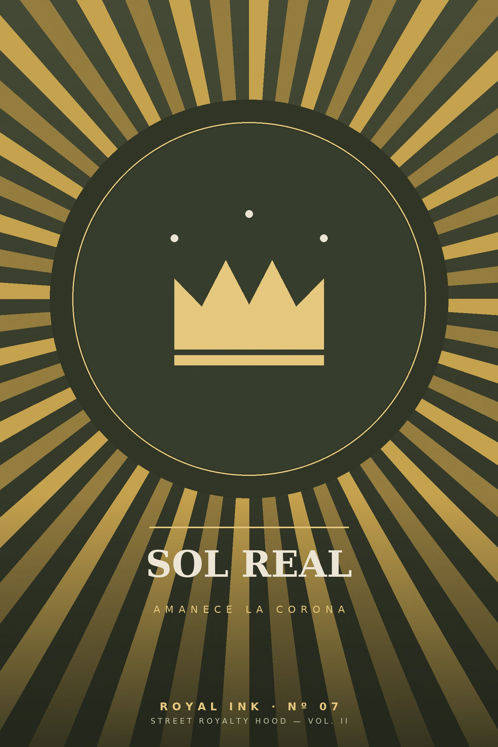 Lámina Royal Ink Nº07 Sol Real — corona dorada en medallón sobre rayos de sol verde oliva y oro