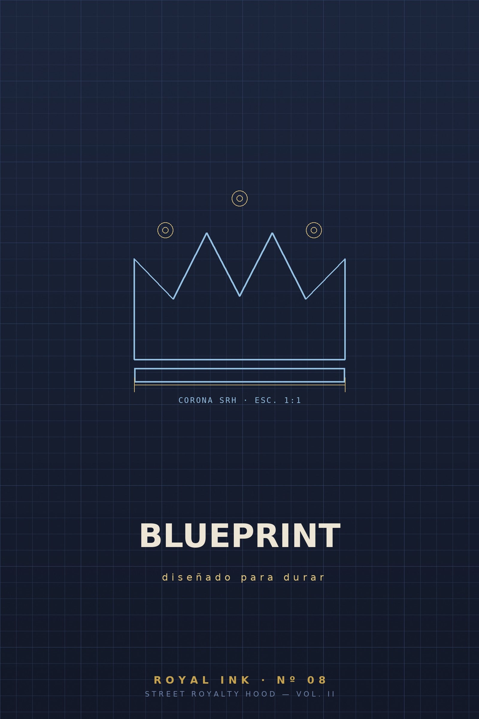 Lámina Royal Ink Nº08 Blueprint — corona técnica tipo plano azul con círculos de construcción