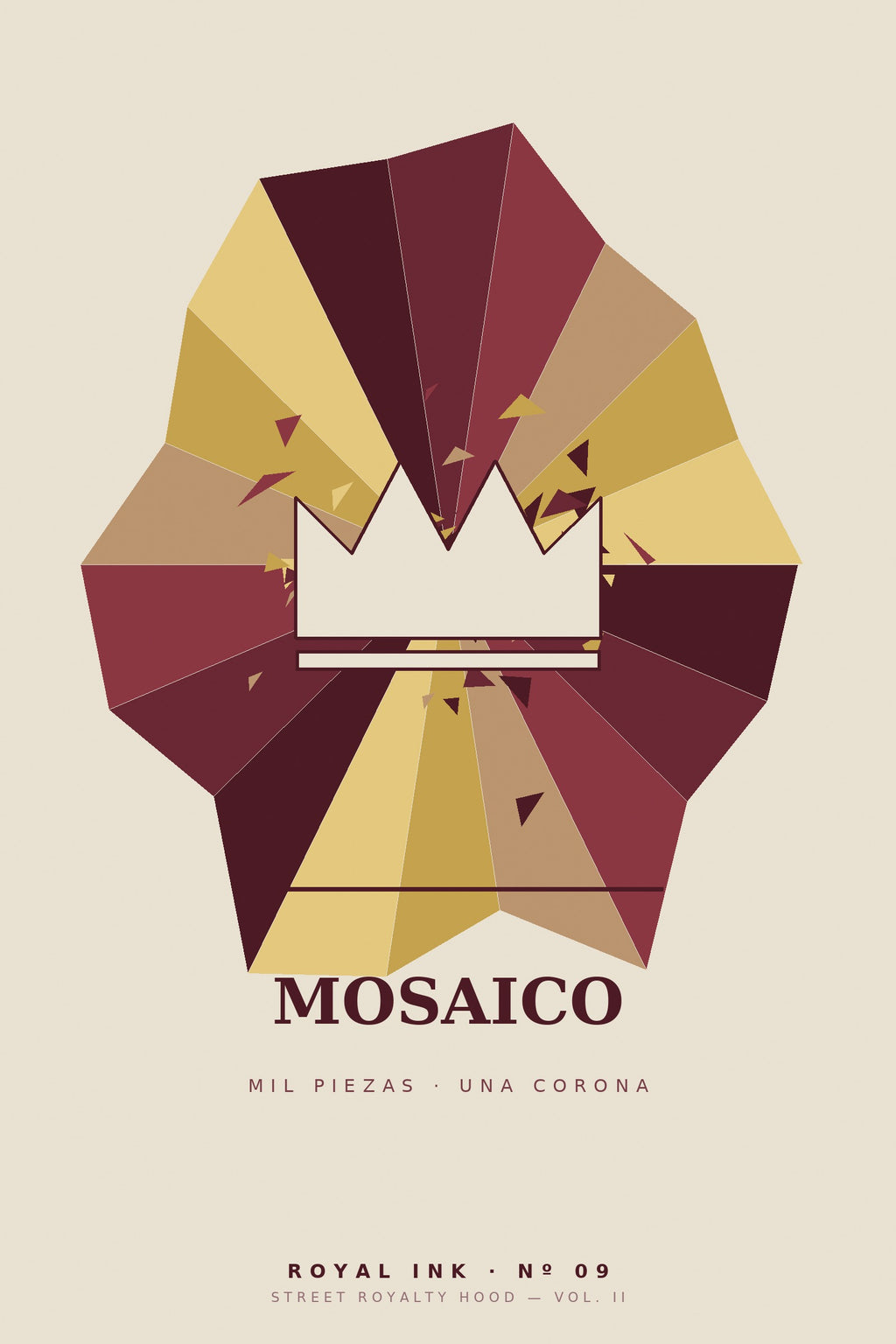 Lámina Royal Ink Nº09 Mosaico — corona low-poly en abanico de facetas burdeos y oro sobre marfil