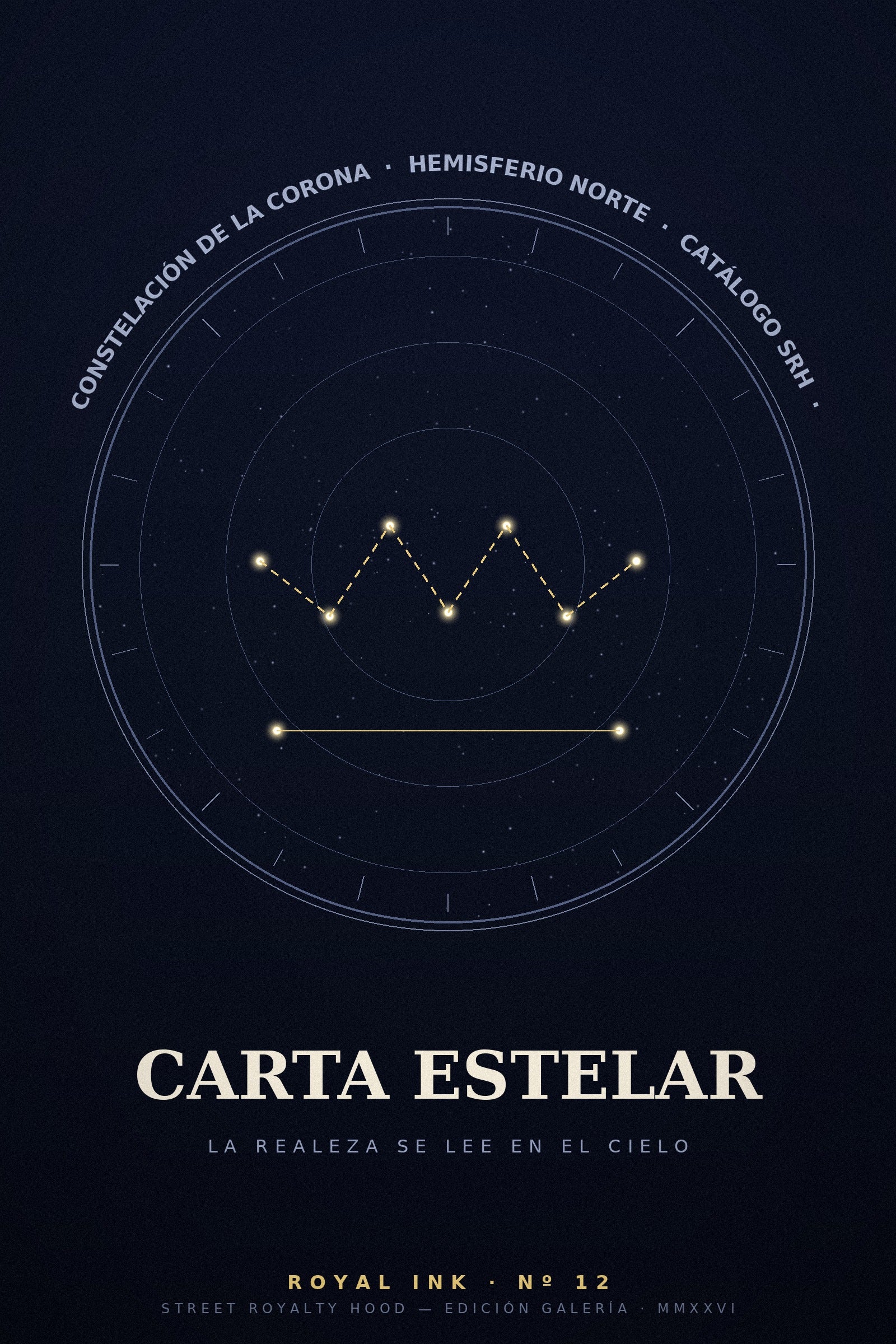 Lámina Royal Ink Nº12 Carta Estelar — constelación de la corona SRH sobre carta astronómica azul marino