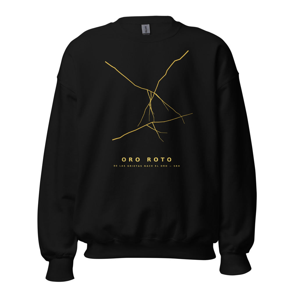 Sudadera negra con vetas doradas kintsugi Oro Roto de SRHOOD, vista frontal