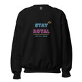 Sudadera negra con STAY ROYAL en tubos de neón cian y magenta — vista frontal
