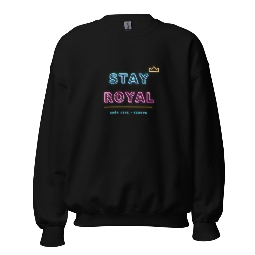 Sudadera negra con STAY ROYAL en tubos de neón cian y magenta — vista frontal