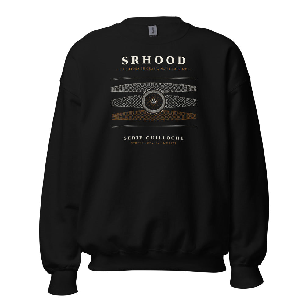 Sudadera negra con cinta de grabado guilloché en marfil y cobre con medallón de corona