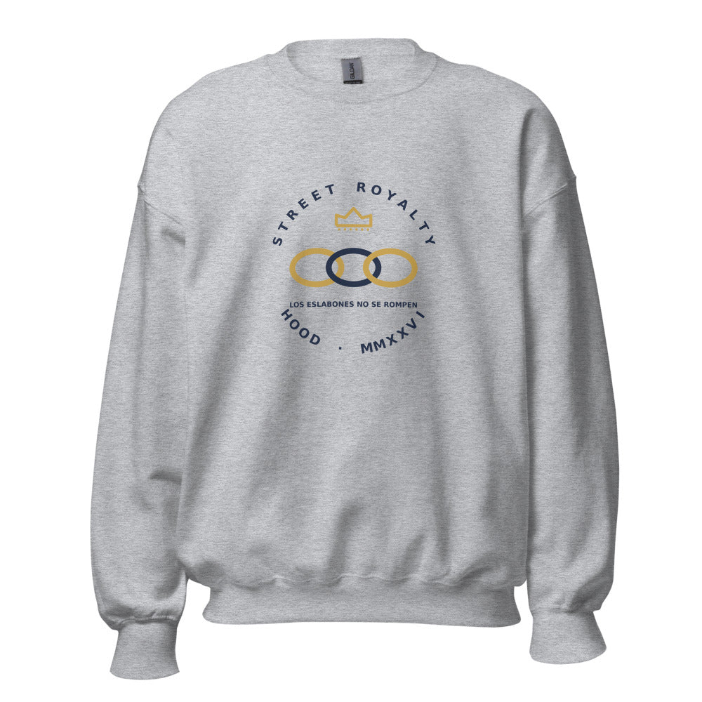 Sudadera gris sport Gildan con sello Cadena SRH navy y oro — vista frontal