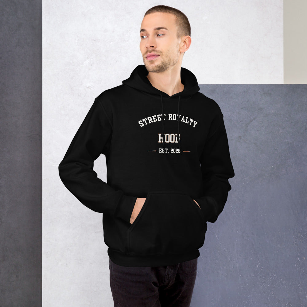 Modelo con el SRHOOD Arco College Hoodie en negro, vista frontal