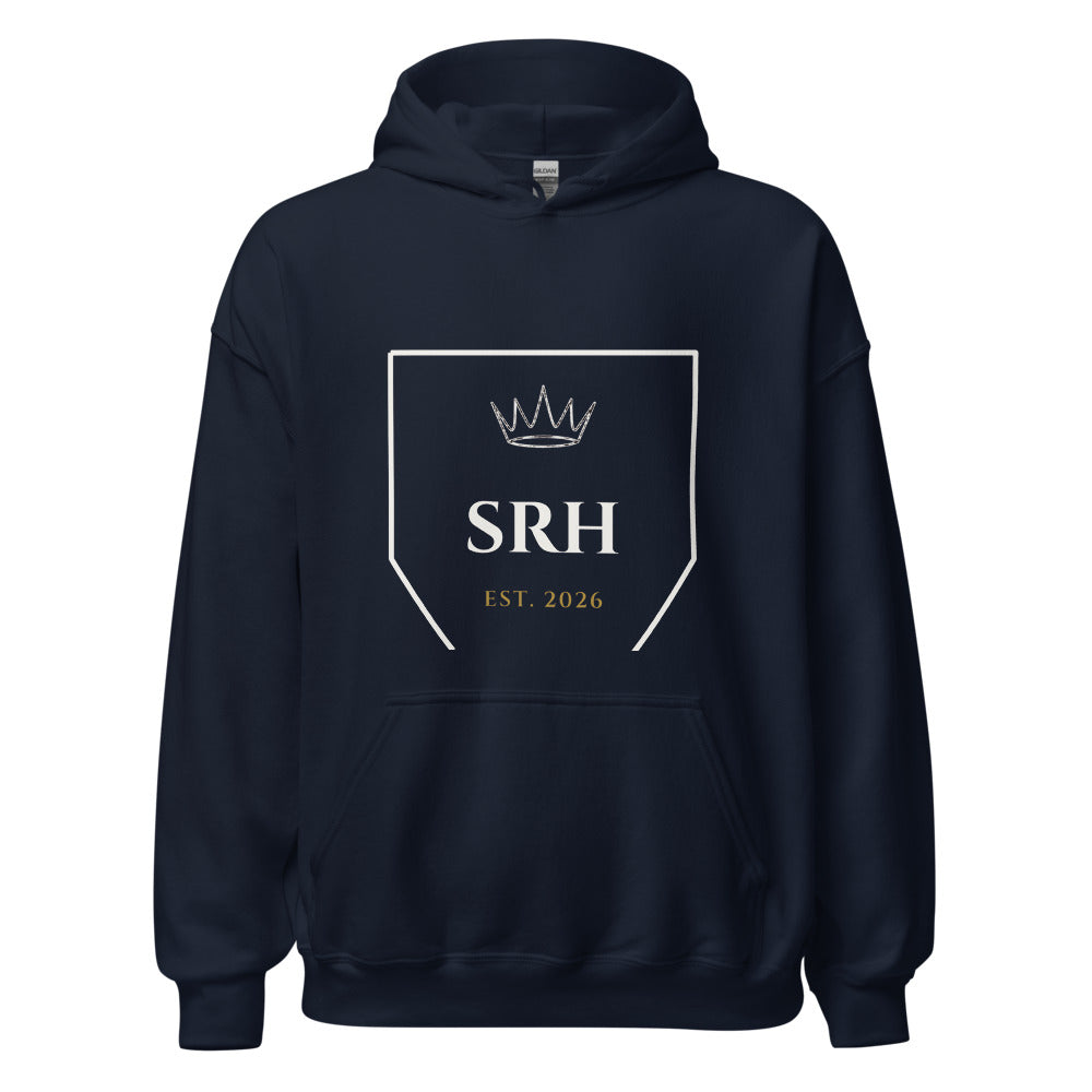Hoodie Crest SRH navy, vista frontal, escudo pecho central