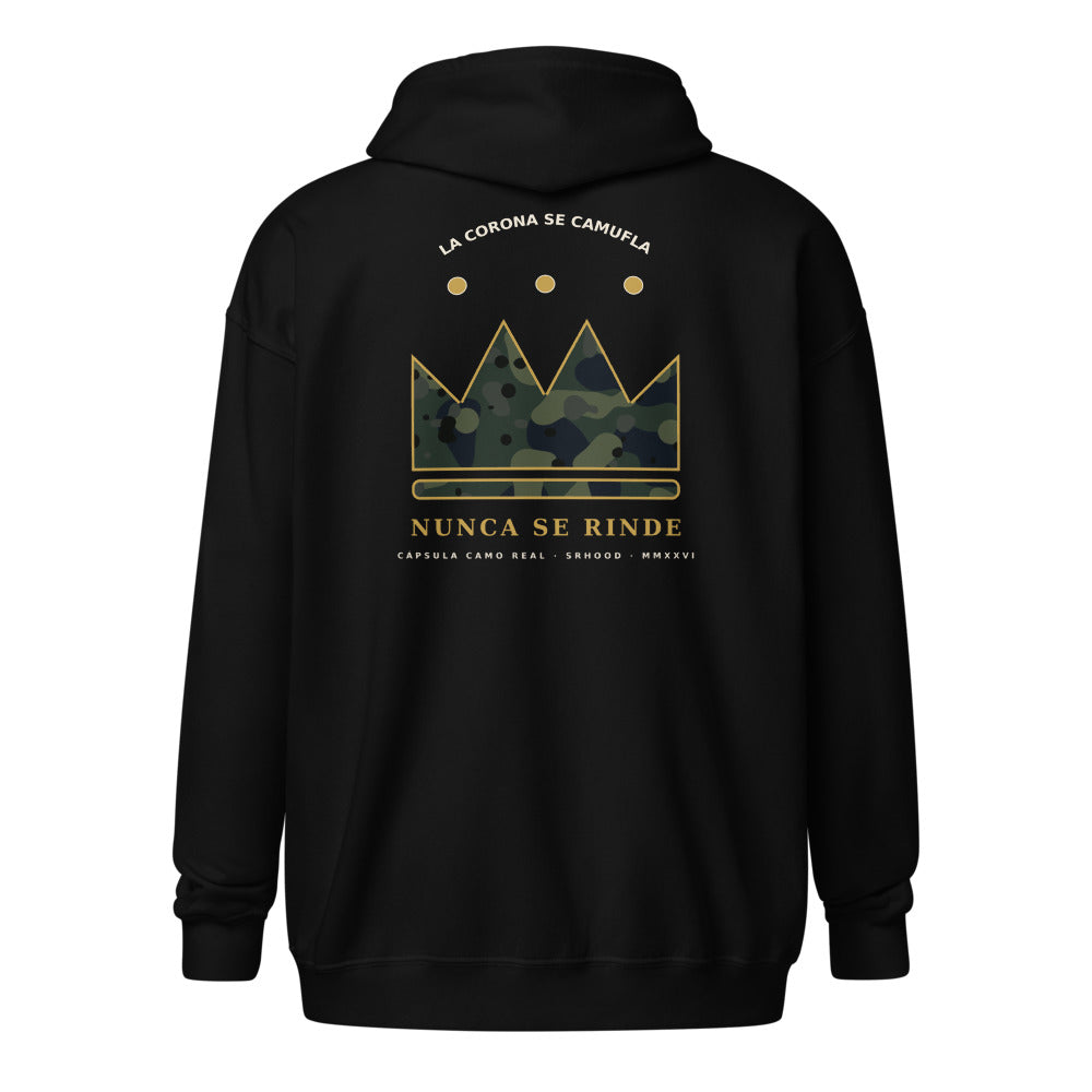 Sudadera cremallera Camo negra — corona de camuflaje con perfil dorado en la espalda