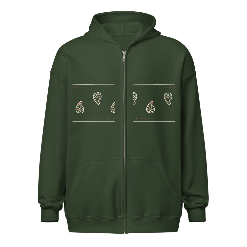 Hoodie cremallera verde bosque con banda paisley en el pecho