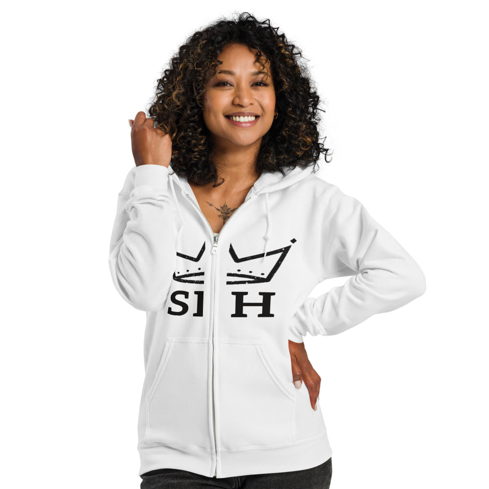 Sudadera Cremallera Corona SRH — Blanco y Sport Grey — modelo con tatuajes