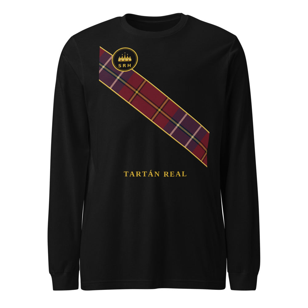 Manga larga negra con sash diagonal de tartán y broche coronado — SRHOOD