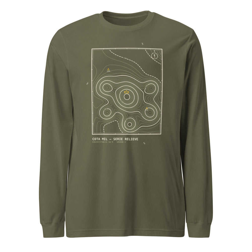 Camiseta manga larga verde militar con carta topográfica Cota Mil en crema y dorado