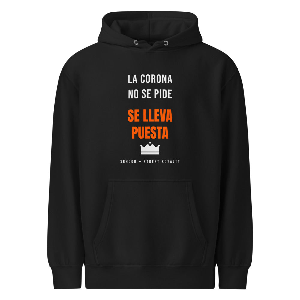 Hoodie premium La Corona negro SRHOOD Street Royalty vista frontal