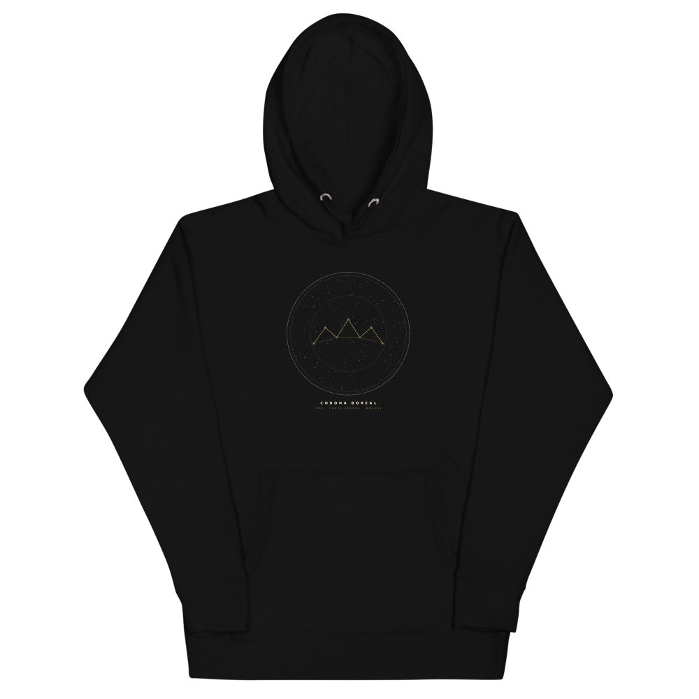 Hoodie Corona Boreal negro — detalle frontal
