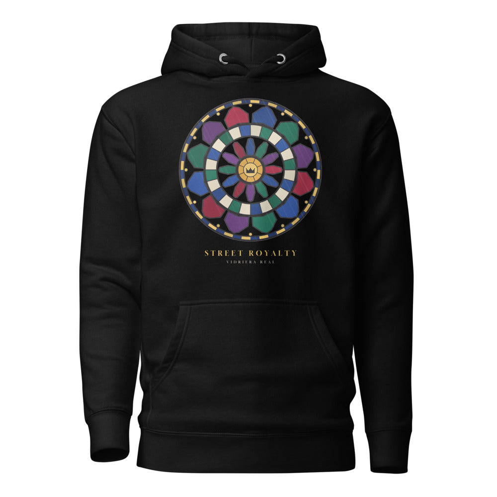 Hoodie negro con rosetón de vidriera en tonos joya — vista frontal