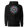 Hoodie negro con rosetón de vidriera en tonos joya — vista frontal
