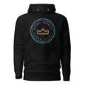 Hoodie negro con emblema circular de neón OPEN 24/7 y corona ámbar — vista frontal