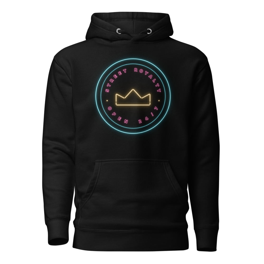 Hoodie negro con emblema circular de neón OPEN 24/7 y corona ámbar — vista frontal