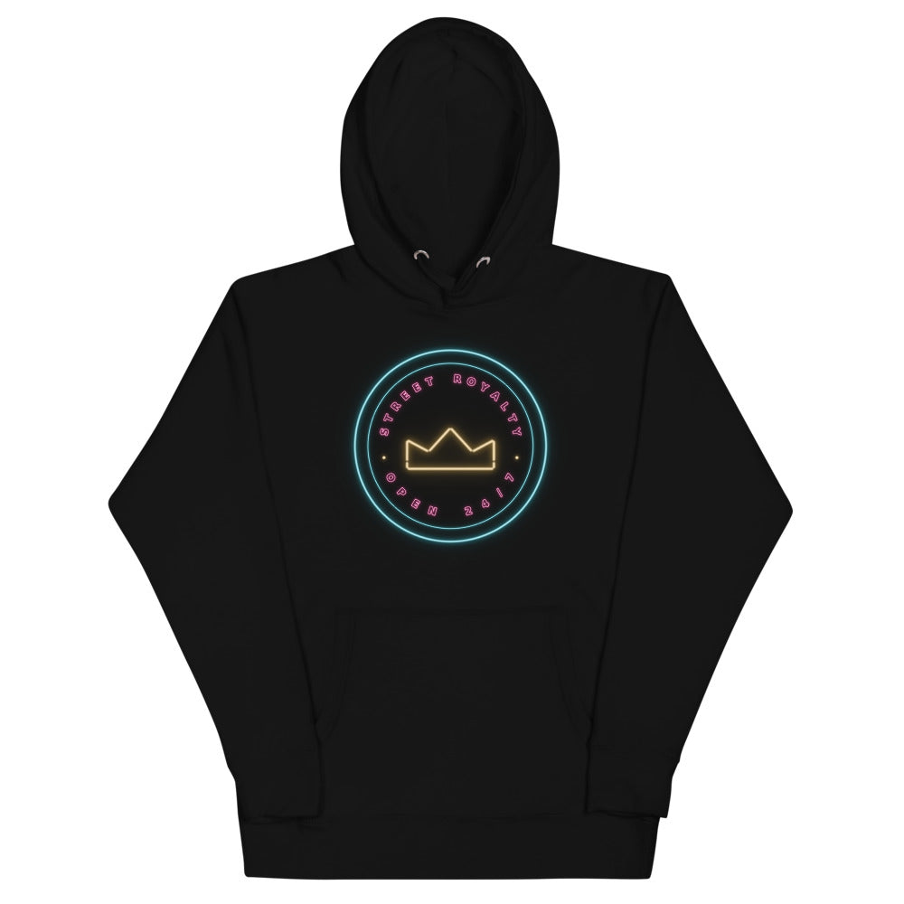 Hoodie Neón 24/7 — detalle del emblema frontal