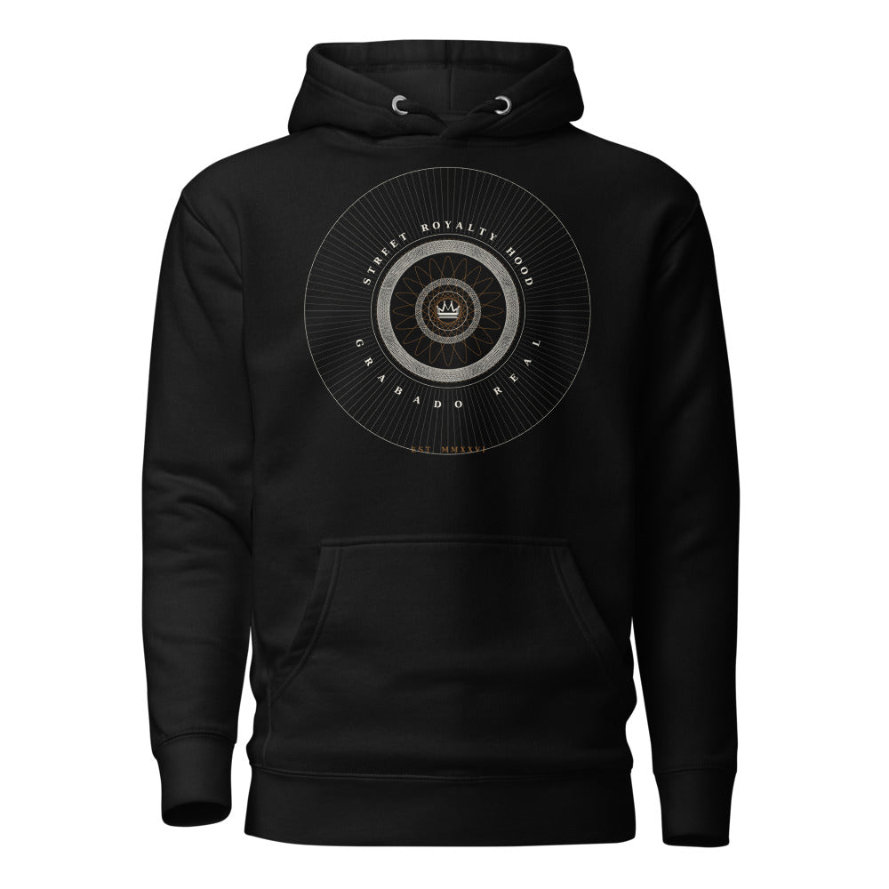 Hoodie premium negro con sello guilloché radial en marfil y cobre con corona central