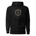 Hoodie premium negro con sello guilloché radial en marfil y cobre con corona central
