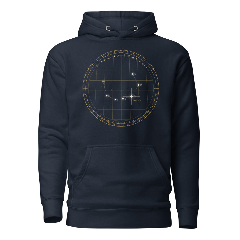 Hoodie azul marino con astrolabio Corona Borealis en oro — vista frontal