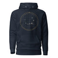 Hoodie azul marino con astrolabio Corona Borealis en oro — vista frontal