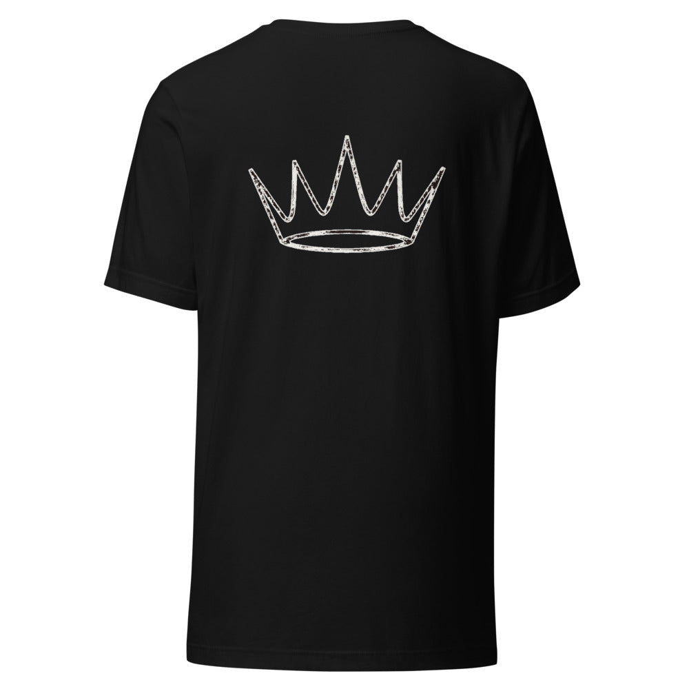 Camiseta negra Street Royalty con corona y arco de texto estampados en la espalda — vista trasera